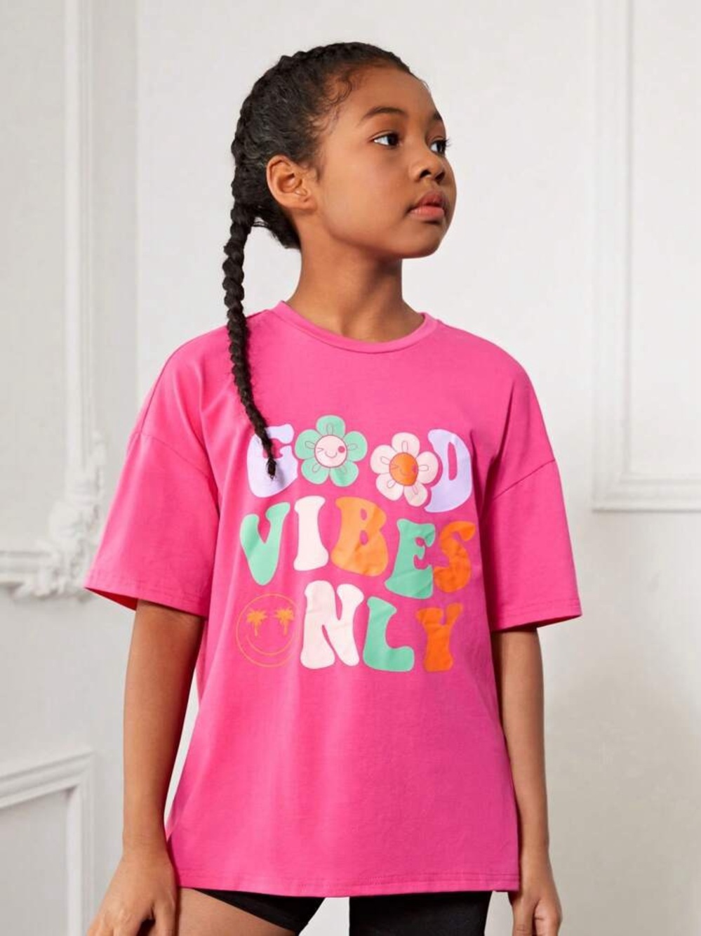 Good Vibes Only Tee Hot Pink Retro Smiley Flower T-Shirt Teen 12–13Y Women XS/S